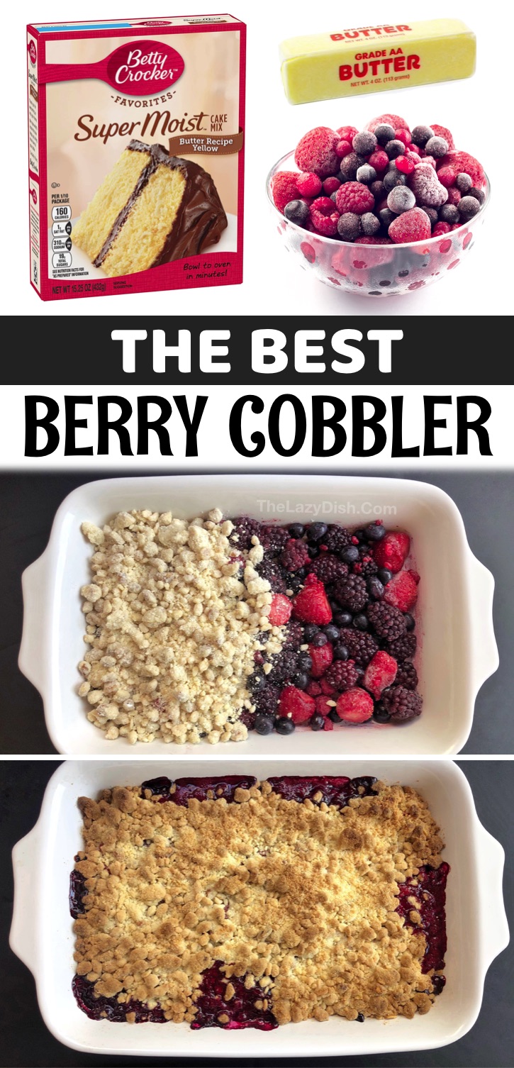 This easy berry cobbler is one of my family's favorite dessert recipes! And it's so simple to make with just a few ingredients: frozen berries, yellow cake mix, butter, walnuts and oats. It gets that super crispy and buttery top that pairs perfectly with the soft and warm berries. Serve with vanilla ice cream for the ultimate treat! If you're looking for easy dessert recipes, this one is always a hit. It's easy to make like dump cake in just one baking dish. My kids love it, too!
