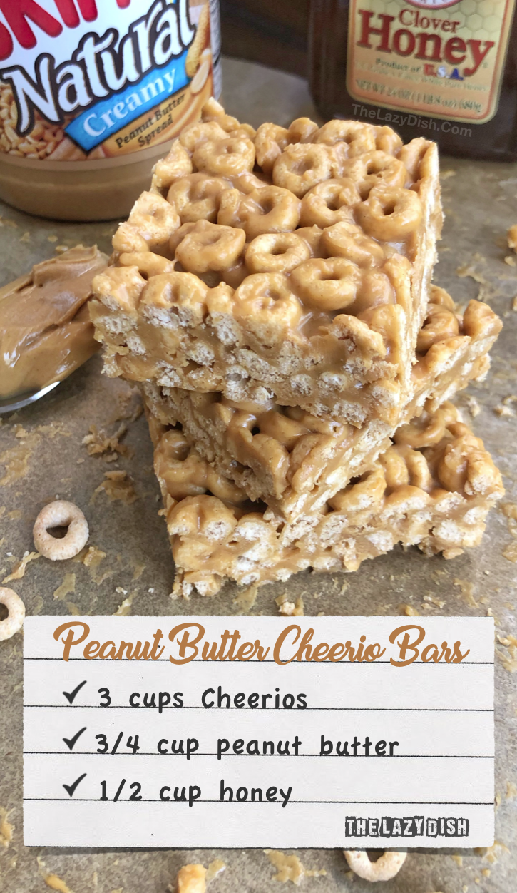 3 Ingrediente No Bake Peanut Butter Cheerio Bars - Uno spuntino sano o una delizia fatta con miele, burro di arachidi e Cheerios! Un'idea di spuntino per bambini semplice e veloce. The Lazy Dish #thelazydish #snackideas #cheerios #peanutbutter