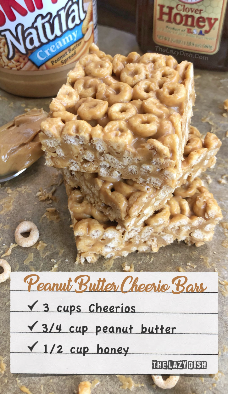 3 Zutaten ohne Backen Erdnussbutter Cheerio Bars - Ein gesunder Snack oder Leckerbissen mit Honig, Erdnussbutter und Cheerios! Eine schnelle und einfache Snack-Idee für Kinder. The Lazy Dish #thelazydish #snackideas #cheerios #peanutbutter