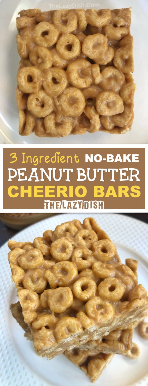 3 Ingredient No Bake Peanut Butter Cheerio Bars - Uno spuntino sano o in viaggio fatto con miele, burro di arachidi e Cheerios! Un'idea di spuntino per bambini facile e veloce. The Lazy Dish #thelazydish #snackideas #cheerios #peanutbutter