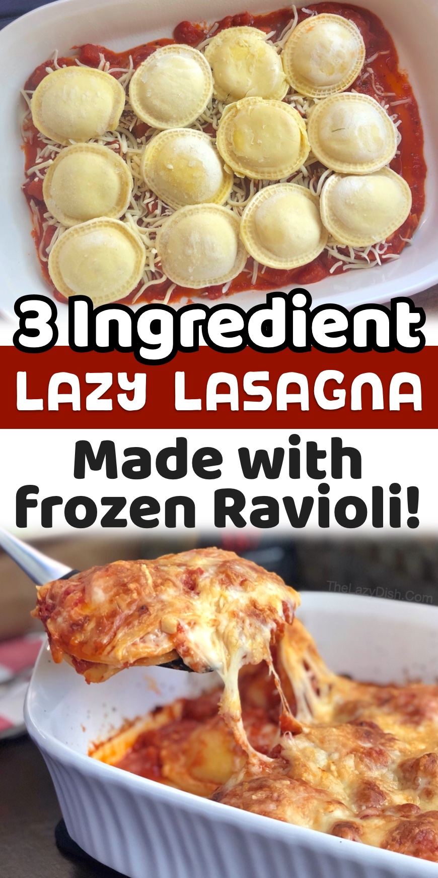 Calling all busy moms! Do you have a family with picky eaters to feed? My kids love this baked ravioli lazy lasagna. This popular dinner recipe is basically a dump meal. Just layer frozen cheese ravioli with pasta sauce and cheese in a baking dish. You can't mess up this quick and easy dinner. It's vegetarian but you can also add ground beef or sausage to the sauce, as well as some healthy veggies to the layers if you'd like. Make it your way! It's super versatile.
