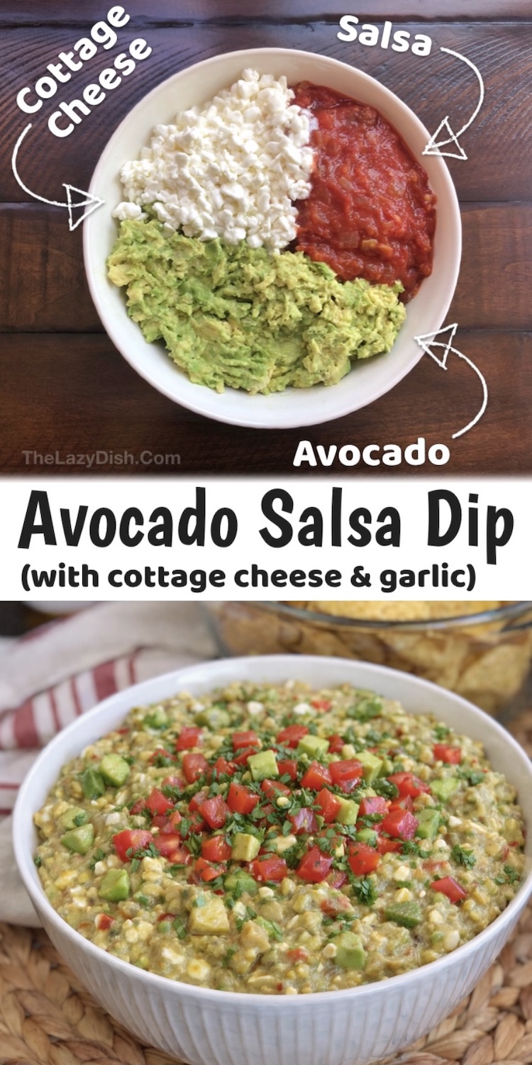 Cottage cheese, avocado, salsa, and garlic, mixed together to make a delicious crowd pleasing cold party appetizer. Serve with tortilla chips at your next family gathering. 
