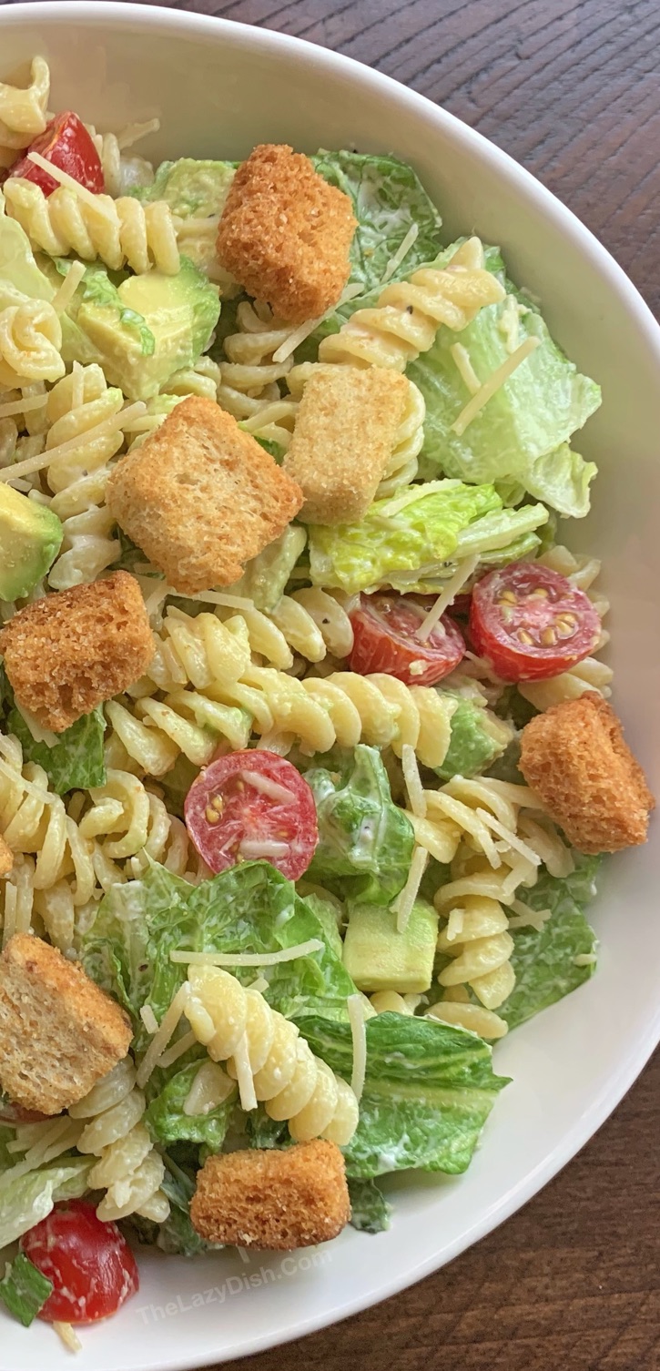 Pasta and Avocado Caesar Salad Recipe - Quick and easy vegetarian and healthy family dinner recipe. Perfect for meatless Monday!