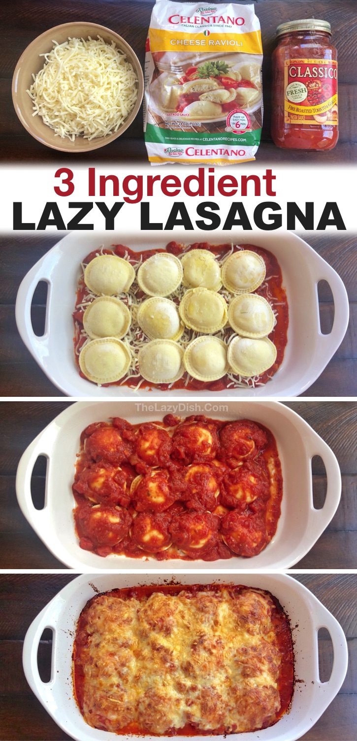 My picky kids love this simple 3 ingredient meal! Lazy lasagna (A.K.A. Baked Ravioli) is a staple in my house. It's the perfect last minute dinner recipe for busy weeknight meals with your family. Plus, it's made with just 3 ingredients that are all cheap and keep for a long time! Plus, it's just as good leftover, so you can even get 2 or more meals out of it. It's vegetarian, but you could also add ground beef and anything else you'd like to the layers like veggies or ricotta cheese. Yummy!