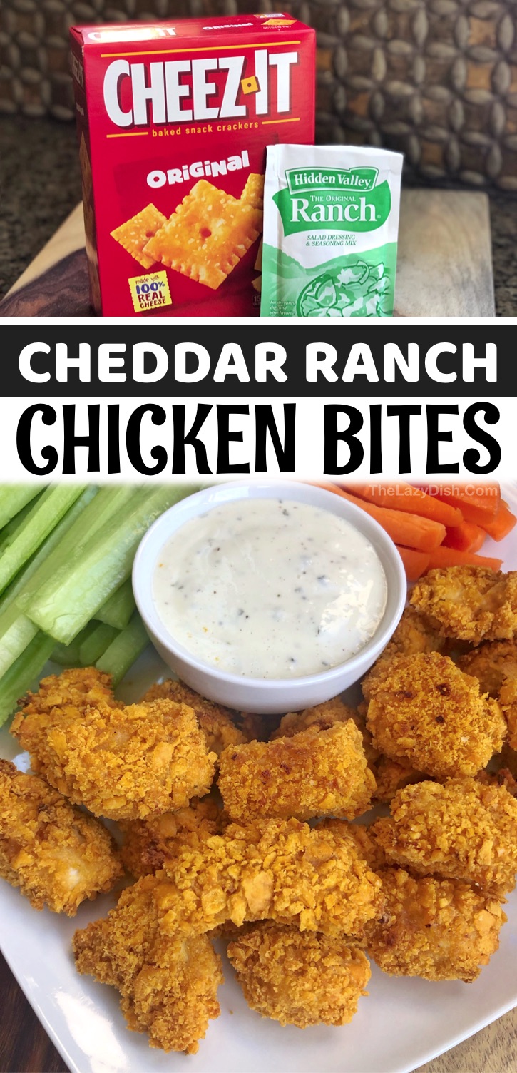 Cheez-it Cracker Chicken Bites - The beauty about these 4 ingredient homemade chicken nuggets is that the Cheez Its provide the delicious cheesy taste as well as the crunch everyone wants in a chicken finger. You simply crush the crackers in a large Ziploc bag with a rolling pin. This is fun stuff! The ranch seasoning gives it all the flavor it needs. Serve these little chicken bites as an after school snack, appetizer, lunch or even for dinner with ranch dressing for dipping. My kids love them!