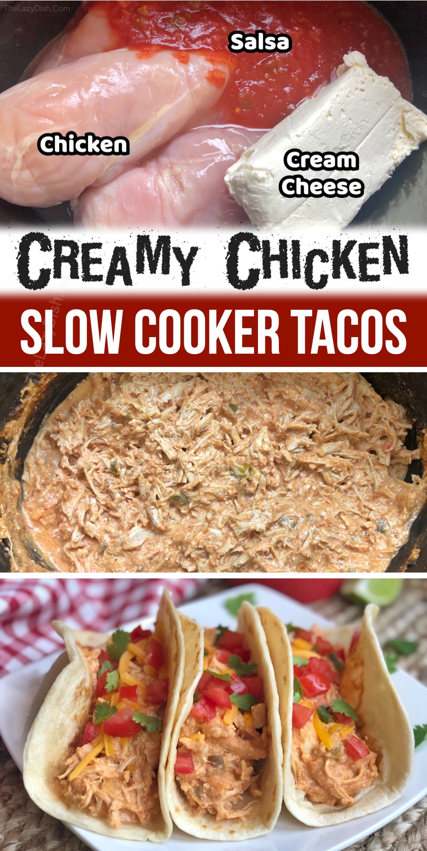 Yummy crockpot shredded chicken tacos made with cream cheese and a jar of salsa! This easy family meal is perfect for your picky eaters. Serve in warm flour tortillas with your favorite taco ingredients like lettuce, avocado, shredded cheddar, etc. I make this often on busy school nights when I'm too tired to cook. Just dump everything in your slow cooker!