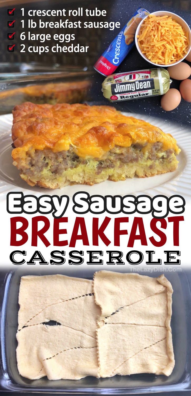 Sausage & Egg Breakfast Casserole | If you’re looking for something a little different than your typical boring breakfast, this quick and easy breakfast casserole is made with just 4 simple ingredients, and can be thrown together in minutes. It's perfect for feeding a crowd or large family. The crescent dough bread makes all the difference! Just layer it into the bottom of a baking dish, top with sausage, scrambled eggs, and cheddar cheese. Bake and you're done! A savory and yummy morning feast!