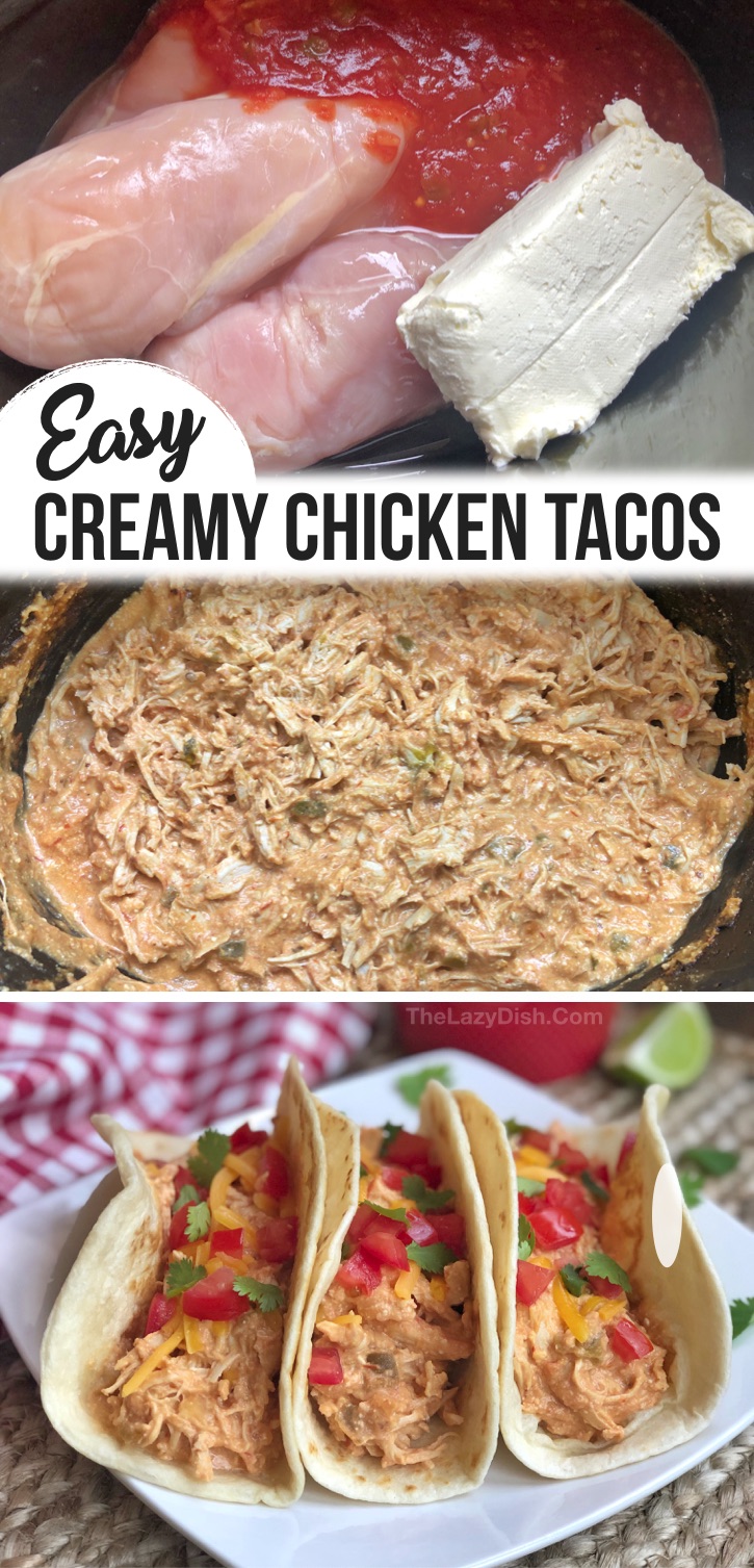 Looking for crockpot chicken recipes? These easy slow cooker salsa chicken tacos are super simple to make with just 3 ingredients: cream cheese, salsa and chicken breasts. Delicious in a warm flour tortilla! This is a super yummy family dinner idea for busy weeknight meals. You could also spice it up a bit with taco seasoning, cayenne or jalapeno. The kids and adults will love this simple main dish (even your picky eaters!). Really good leftover for lunch the next day, too. #slowcooker #chicken