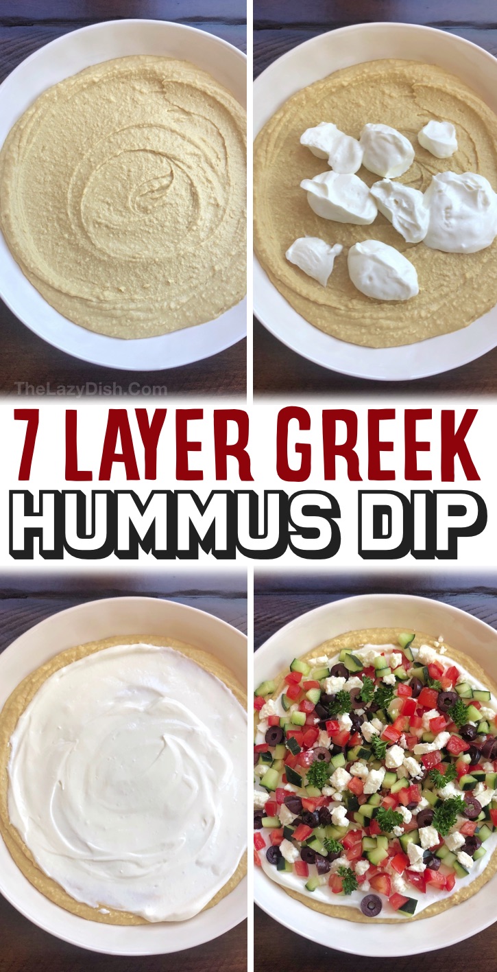 Make Ahead Cold Party Appetizer For A Crowd - This 7 layer greek hummus dip is a breeze to throw together for parties! You can seriously just whip it up last minute. Simply top store-bought hummus with plain greek yogurt and the greek inspired veggies of your choice like tomato, cucumber, olives and feta. Serve cold with pita chips! It's super yummy, yet healthy and vegetarian. A real crowd please for just about any occassion: Mother's day, birthdays, baby showers, holidays, or any party! The best make ahead party dip for a crowd.