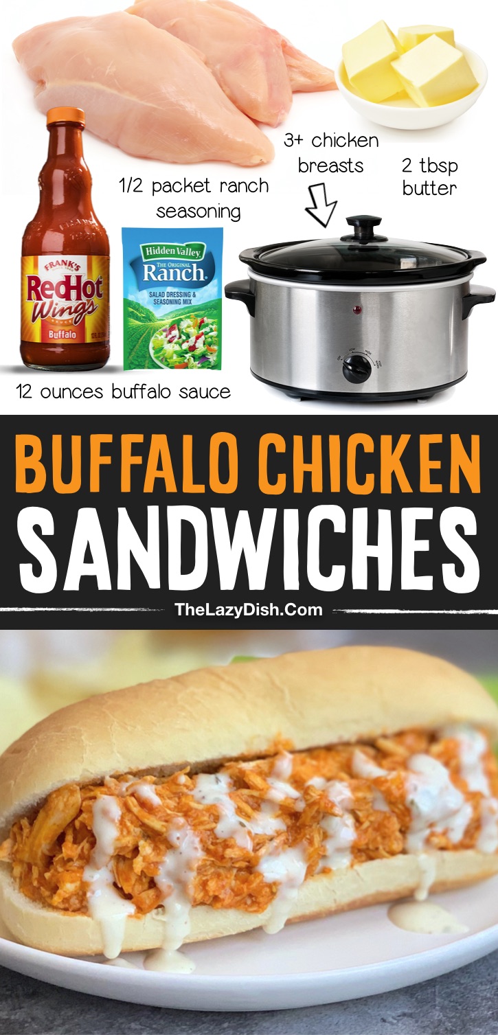 Easy Crockpot Buffalo Chicken Sandwiches made with just 4 ingredients! This simple slow cooker chicken recipe is a family favorite dinner recipe. It's so easy to throw together on busy weeknights and is always a hit! Serve this shredded chicken in a sandwich bun, on a potato, or over a salad to make it low carb. It's made with just buffalo wing sauce, ranch seasoning and butter. So yummy! Great for family get-togethers, game night and football parties, too. Just double or triple the recipe to feed a crowd. Some serious comfort food.