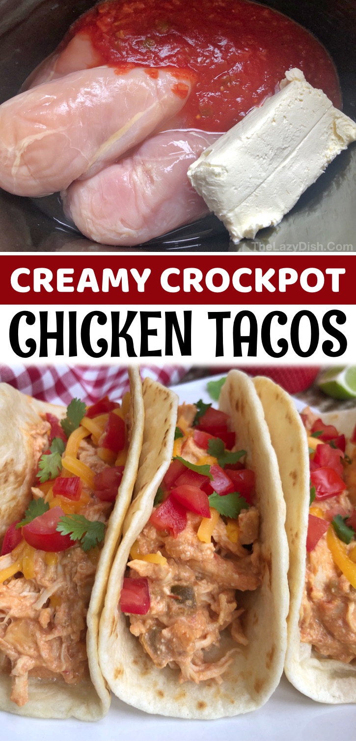 Creamy Crockpot Chicken Tacos - Tacos are ALWAYS a family favorite in my house. Even my picky eaters scarf them down, but if you’re tired of the usual ground beef with taco seasoning, you’ve got to try these delicious creamy chicken tacos for a change. They are made with just 3 simple and cheap ingredients that your entire family will love: chicken breasts, cream cheese and a jar of salsa. That’s it! I love crockpot recipes where you just throw in a few ingredients, and bam! A tasty, warm meal is ready for you.