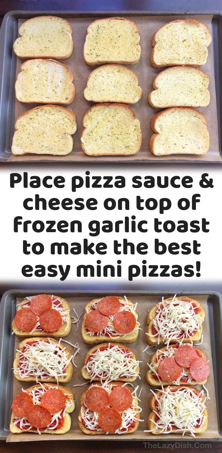 Easy Dinner Recipes For Kids | Your picky eaters are going to love these quick and easy frozen garlic toast pizzas! They are so simple to make, even the kids can make them themselves. They're perfect for last minute dinner ideas, and they can be made meatless or with the toppings of your choice such as pepperoni, olives, peppers, and more! If you're looking for cheap and simple dinner ideas, it doesn't get any easier than this. Serve alone or with a healthy salad. So yummy and fast to make!