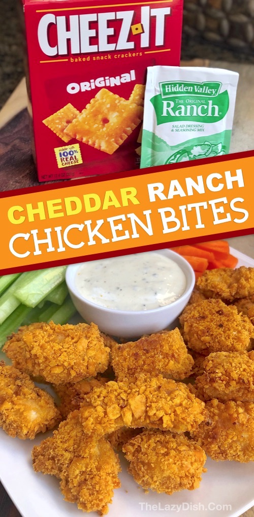 4 Ingredient Easy Cheddar Ranch Chicken Tenders - The entire family will love this easy oven baked chicken recipe! It's cheap, easy and fun to make. The Lazy Dish #thelazydish #chicken