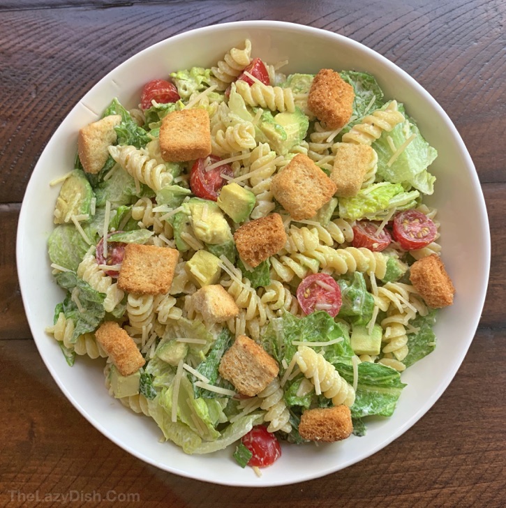 Easy Pasta and Avocado Caesar Salad Recipe - A quick and easy vegetarian dinner recipe for your family!