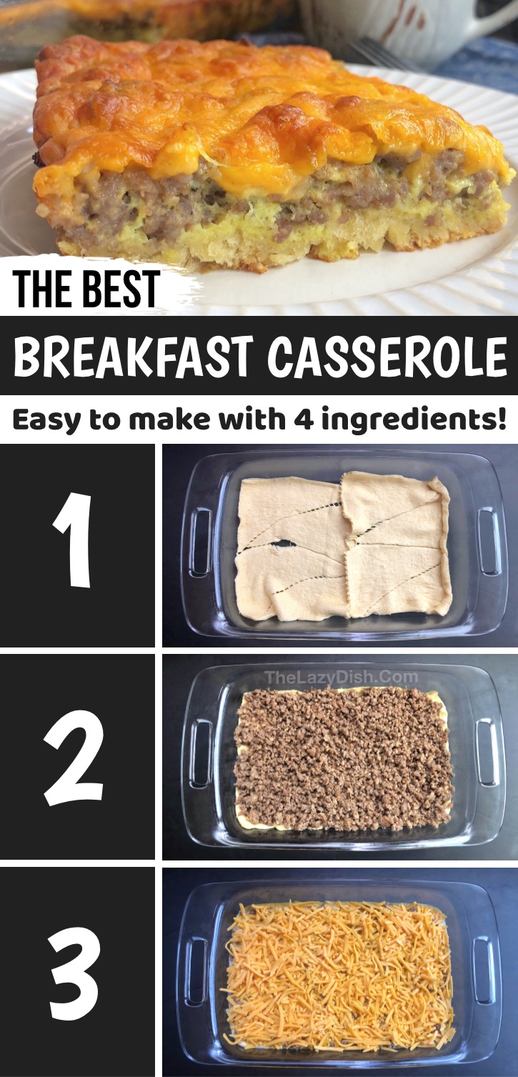Your entire family will love this quick and easy breakfast casserole recipe! This simple recipe is made with just 4 cheap ingredients: Pillsbury crescent rolls, ground breakfast sausage, eggs and cheddar cheese. It's perfect for when you have family or guest stay over and need something fast to throw together. Once everything is layered in your casserole dish, you're just going to bake it for about 30 minutes, and breakfast is ready! A real crowd pleaser. Serve with anything else you'd like. 