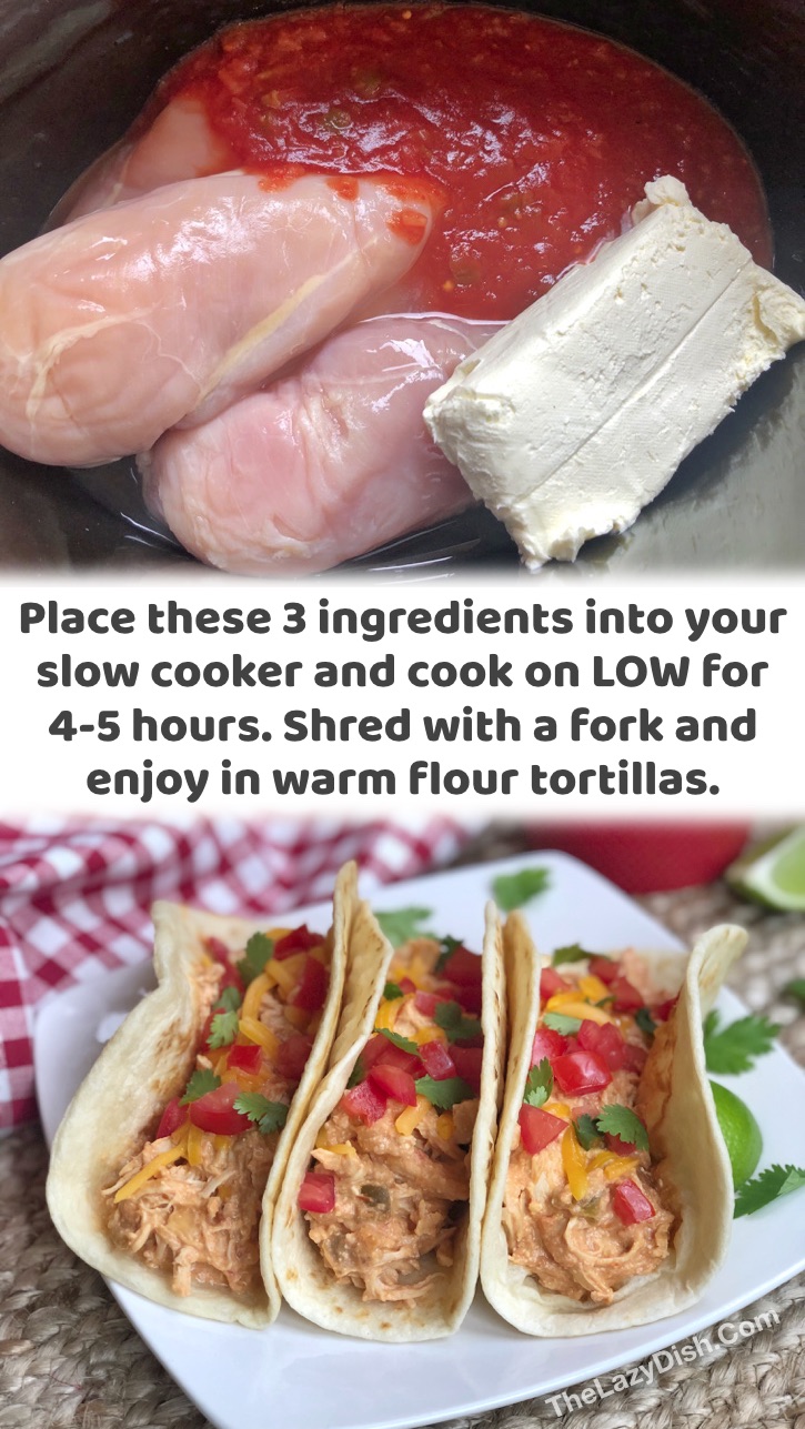 Easy Slow Cooker Meals | These cheesy crockpot chicken tacos are amazing! My family loves this last minute dinner idea. Plus, they are made with just 3 ingredients: chicken breasts, cream cheese and a jar of salsa. So simple and cheap to make in your crockpot! Perfect for a family with picky kids
