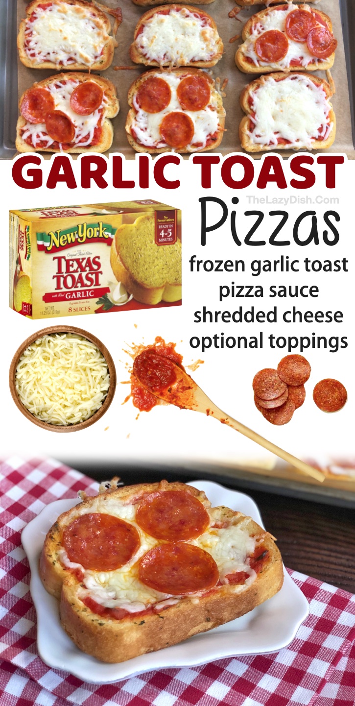 Garlic Toast Pizzas | A super fun and simple dinner idea for your picky kids! If you're looking for last minute dinner ideas for when you don't have anything planned, just pick up some frozen garlic toast from the grocery store to make these delicious pizzas! They only require a few simple and cheap ingredients, and your older kids and teenagers are even old enough to make them by themselves. Younger kids and toddlers love helping, too. Who doesn't love putting toppings on their own personal pizza?