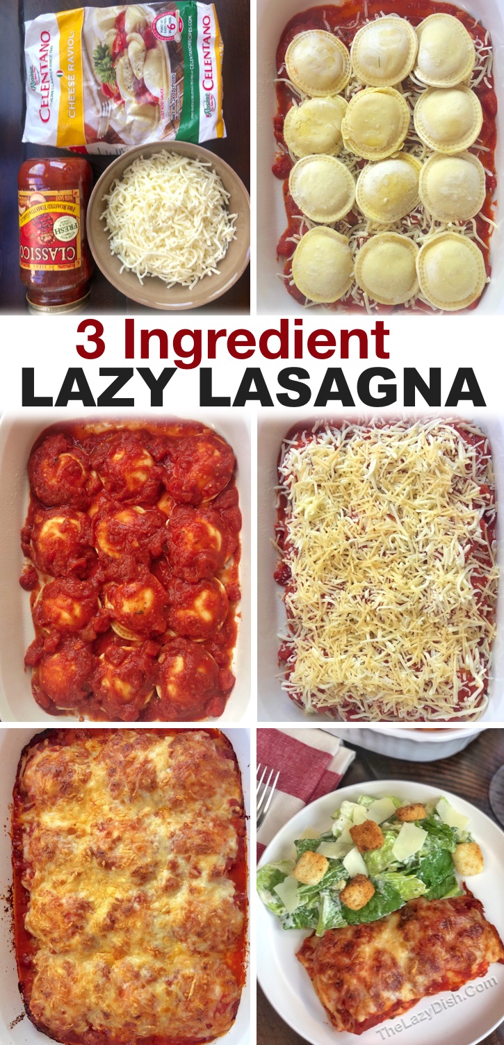 Looking for last minute cheap and easy dinner recipes for your family? You won't believe how simple this lazy lasagna (A.K.A. baked ravioli) is to make with just 3 cheap ingredients: frozen ravioli, cheese and pasta sauce. Perfect for busy weeknight meals, especially if you have picky kids! How can you go wrong with pasta? All of the ingredients keep really well, so you can always have them on hand for last minute dinners to feed your hungry family. A super yummy meal on a budget!