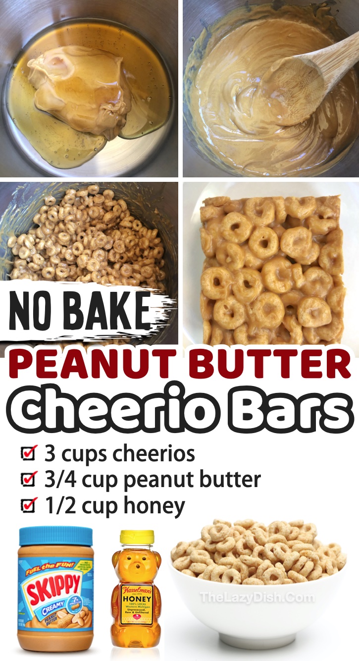 Kids love these! Seriously, the easiest snack you'll ever make. No baking and no hassle! Just 3 ingredients to make the best peanut butter cereal bars. Simply heat the peanut butter and honey in a pan until melted, smooth, creamy and well combined. Remove from the heat and stir in the Cheerios. Place the mixture in a lined 8×8 dish, and press it into place. Refrigerate and cut into squares. Quick and easy! My picky eaters love this simple homemade snack recipe, plus it's pretty healthy, too. 