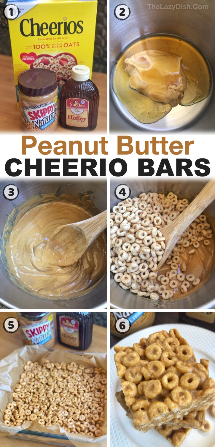 My kids love these peanut butter cheerios bars! They are such a quick and easy snack idea that's super cheap and fun to make with just 3 ingredients: peanut butter, honey and Cheerios. No baking required! They are great for on the go at sports practice, at school, or as a simple after school snack or even treat after dinner. Great for kids of all ages! Teens to toddlers. If you're looking for easy snack ideas for kids, you've got to try these no bake peanut butter cheerio bars. 