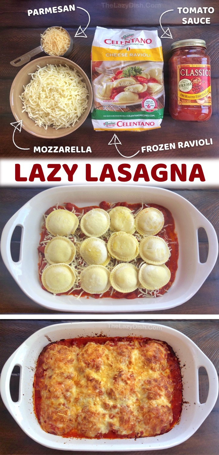 A.K.A. Lazy Lasagna - Looking for quick and easy dinner recipes for a family with picky kids? This simple weeknight meal is made with just 4 cheap ingredients including frozen ravioli, red sauce and cheese. Kids and adults love this easy dinner idea (including your picky eaters and hungry husband). Everything is dumped into ONE PAN and baked. It's vegetarian, but you can also add ground beef or sausage to the layers, or veggies to make it healthy! Budget friendly, no prep, just dump and bake. 