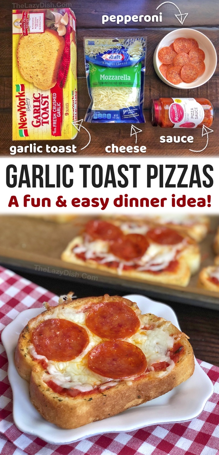 Kids love these easy homemade garlic toast pizzas. They are so simple to make with just a few ingredients including frozen garlic toast, pizza sauce, cheese and any toppings you want. Just 3 ingredients! A super quick and easy meal for busy nights. Great for older kids and teens to make themselves. Can be made vegetarian or loaded with pepperoni or sausage. These are wonderful served with a store bought caesar salad to make it a complete meal. Even your picky eaters will gobble these up!