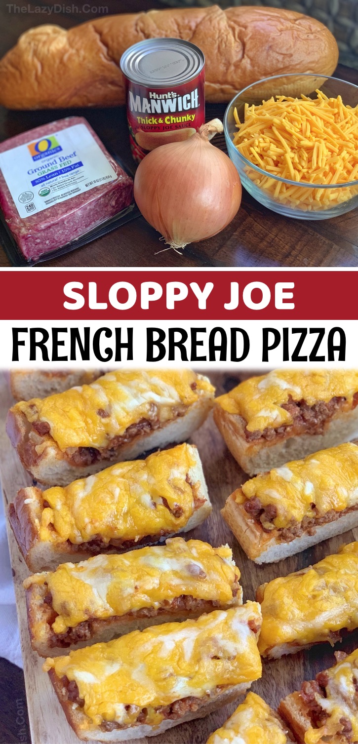 Sloppy Joe French Bread Pizza Slices - This quick and easy recipe is made with just 5 simple ingredients: french bread, ground beef, sloppy joe sauce, cheese and diced onions. Bake in the oven, slice, and watch it disappear! It’s obviously great for big appetites, which is why I like to serve this as an appetizer for a football party, game day or any gathering with cheese and meat lovers. It’s also a tasty snack for Sundays at home. Kids and adults love it! Serve it with a salad to make it a complete meal for dinner, too.