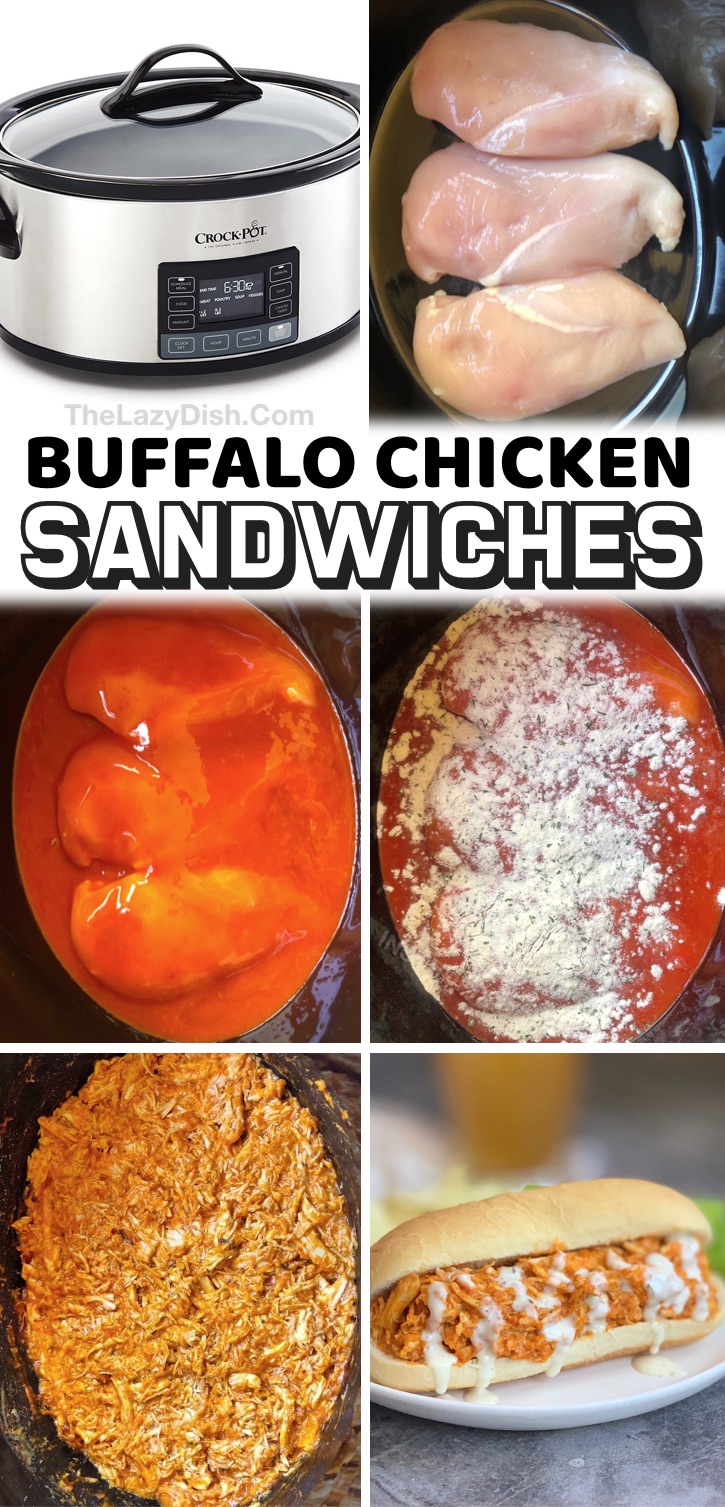 Crockpot Shredded Buffalo Chicken Sandwiches | I’m always amazed at what my slow cooker is capable of. You just throw a few ingredients in there, come back a few hours later… and magic happens. Even the simplest of ingredients make for some of the most tender delicious meats when cooked slow and low. This easy buffalo chicken never disappoints! It’s packed full of flavor and just the right amount of spiciness, especially with an ice cold beer. Great for busy weeknight dinners or even family gatherings like game day!