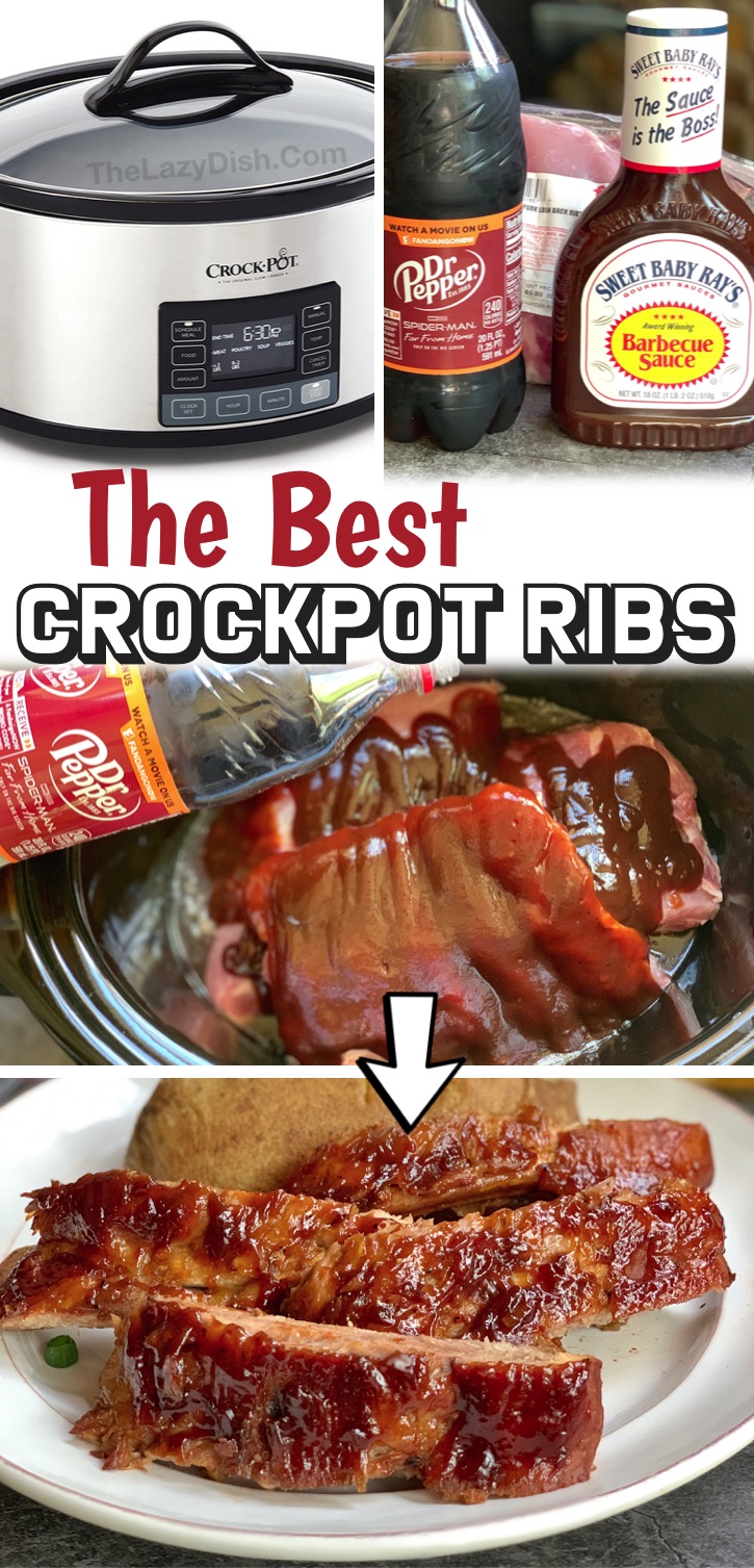 Easy Melt In Your Mouth Slow Cooker Ribs (Made with BBQ sauce and Dr. Pepper!) | This simple crock pot recipe is absolutely incredible. If you like ribs, you’re going to love this easy way of making them in your slow cooker. Just throw a rack of baby back pork ribs into your slow cooker with a heaping cup of bbq sauce and Dr. Pepper. Turn it on low, and 6-8 hours later you’ve got yourself some finger lickin’ bbq ribs that just fall off of the bone. Super easy dinner recipe for your family! 