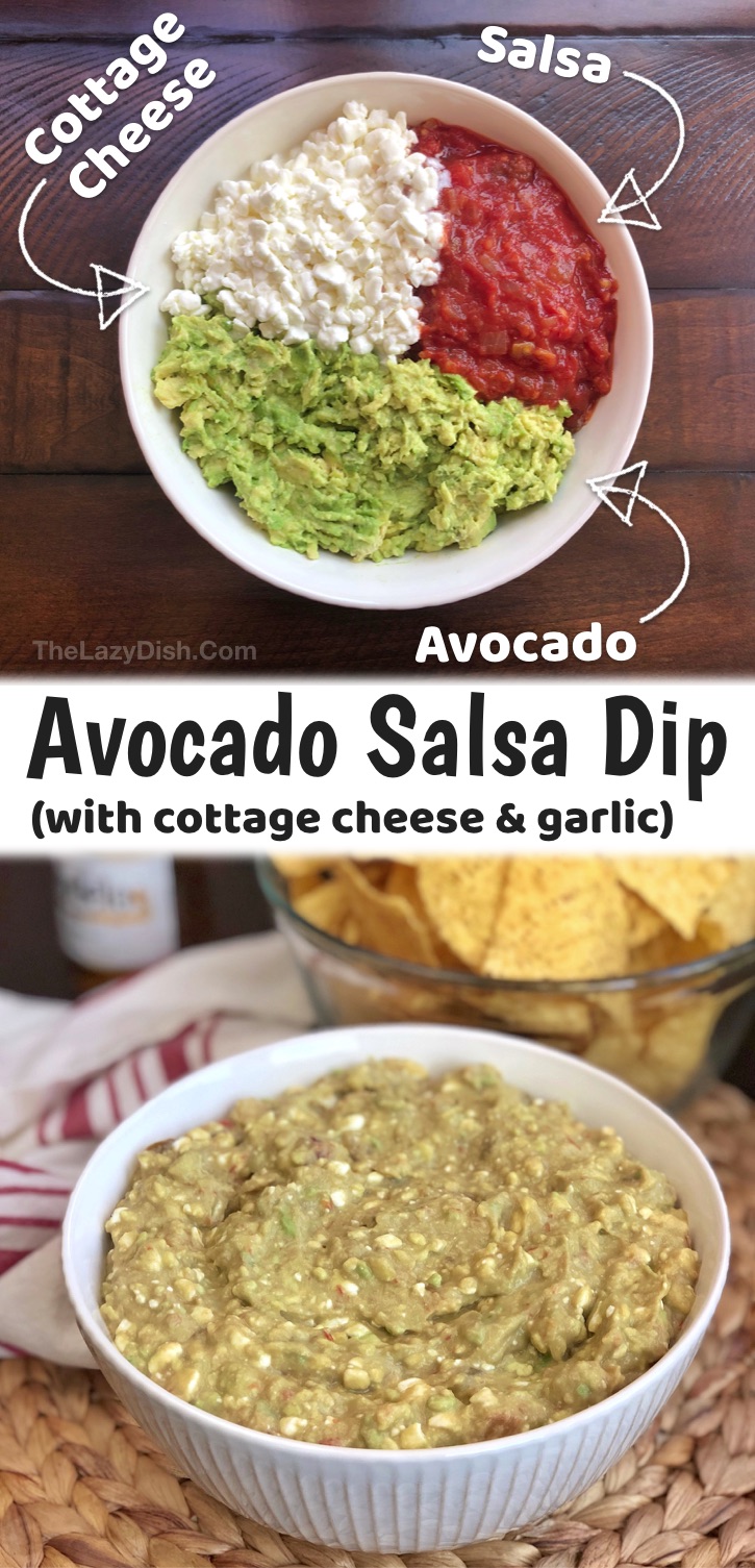 Looking for easy cold party dip appetizers? This avocado appetizer dip is so simple to make with just a few healthy ingredients including avocados, cottage cheese, salsa & garlic. A real crowd pleaser! Plus it's cold and easy to serve with tortilla chips. It's also vegetarian, fresh, healthy and insanely delicious! Just 4 cheap ingredients plus a little seasoning to taste. A fabulous party appetizer for any occasion, especially summer when you're looking for a cold refreshing party food. #thelazydish