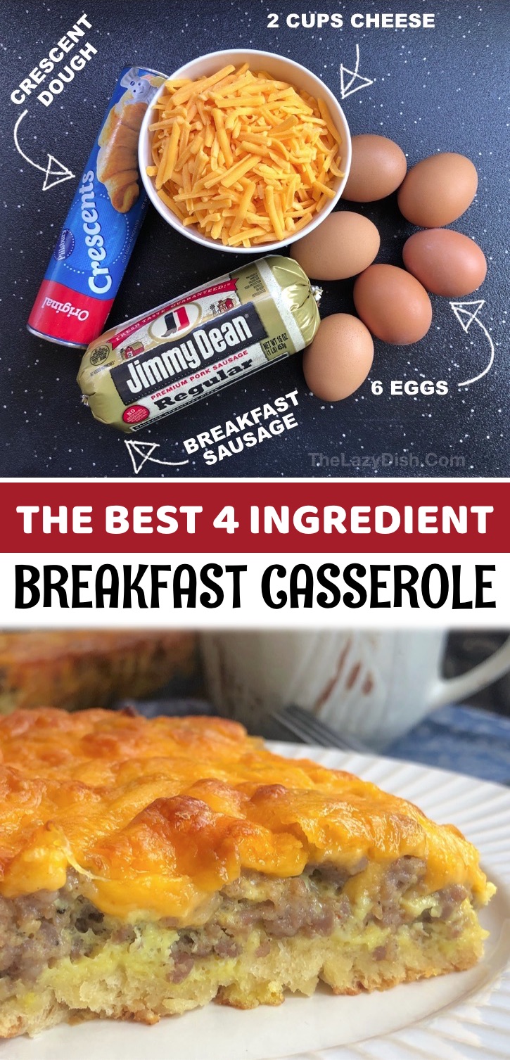 If you’re looking for an easy breakfast recipe to feed a crowd, you’ve found it! This simple breakfast casserole is made with just 4 ingredients, and can be thrown together in minutes: sausage, eggs, Pillsbury crescent rolls and cheddar cheese. That's it! It’s the perfect breakfast for those times when you have family or guests staying over and need something to fill everyone up that doesn’t take a bunch of hassle or clean up. It only takes minutes to throw together, and you can even brown the sausage ahead.