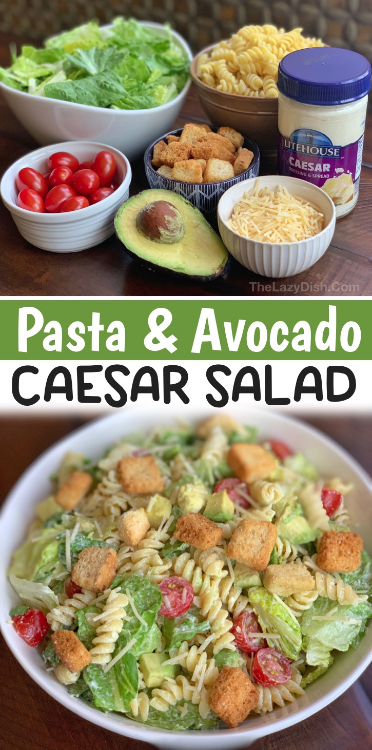 Looking for vegetarian dinner recipes for your family? This pasta and avocado caesar salad is super yummy, healthy and filling! It's also really quick and easy to make on busy weeknights. Great for meatless monday! Even my kids love it. Once the pasta is cooked and chilled, this salad takes less than 5 minutes to throw together. I just use a good quality store-bought caesar dressing to make it quick and simple. If you're on the hunt for vegetarian meal ideas, add this to your dinner calendar. 