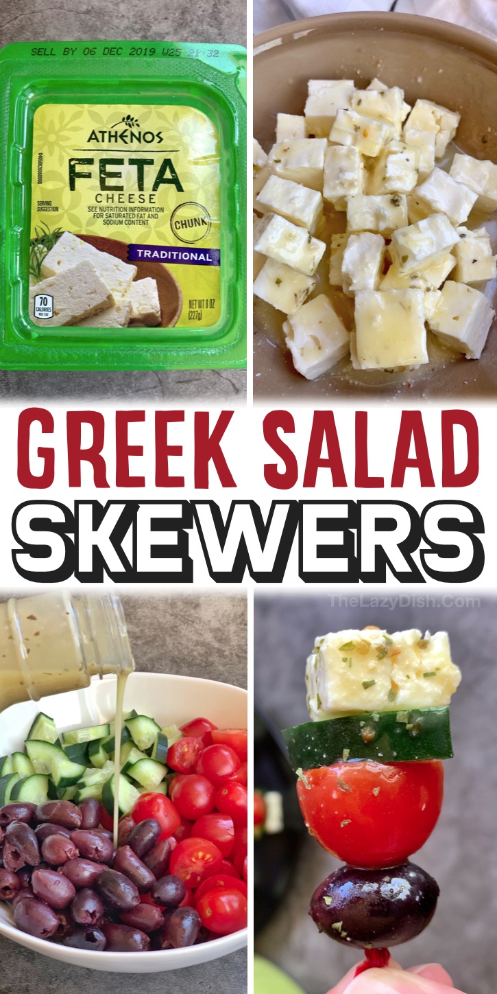 Greek Salad Skewers - Having a party or family get together and looking for easy party appetizers? These greek salad skewers are so simple to make with just a few ingredients! The best thing about these skewers is that they are absolutely delicious, but they are also served cold and can be made ahead the day before. Yay! Great for parties, celebrations, holidays and more. The best finger food! Super healthy, too. A fabulous vegetarian appetizer for any party. Real crowd pleasers!