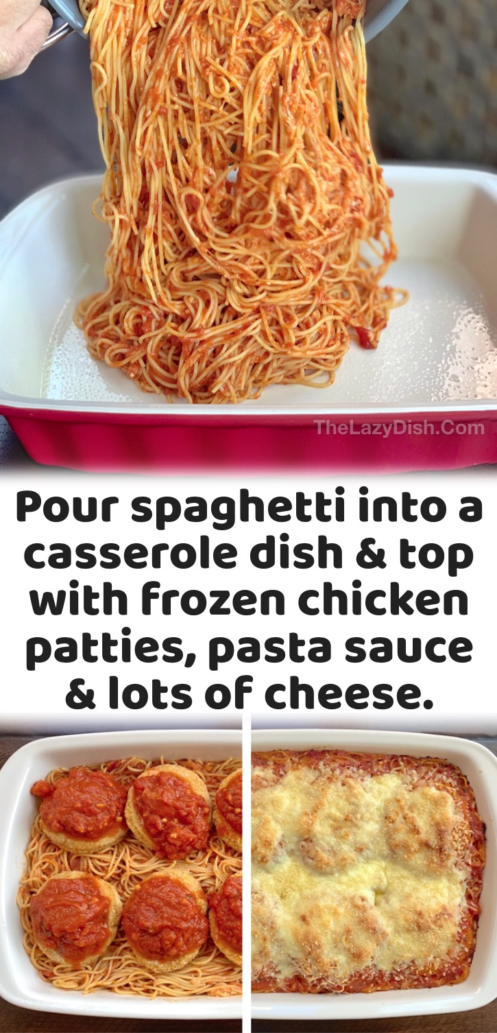 Quick & Easy Family Dinner Recipes | Your picky kids are going to love this chicken and pasta casserole! It's made with just a few cheap ingredients including spaghetti, pasta sauce, frozen chicken and lots of cheese. It makes enough for a large family of 8, but is just as good leftover the next day for dinner. Two meals in one! Such a simple and fun weeknight meal. Great for busy moms and dads with lots of kids. My picky eaters love this yummy chicken dish, and it's budget friendly!