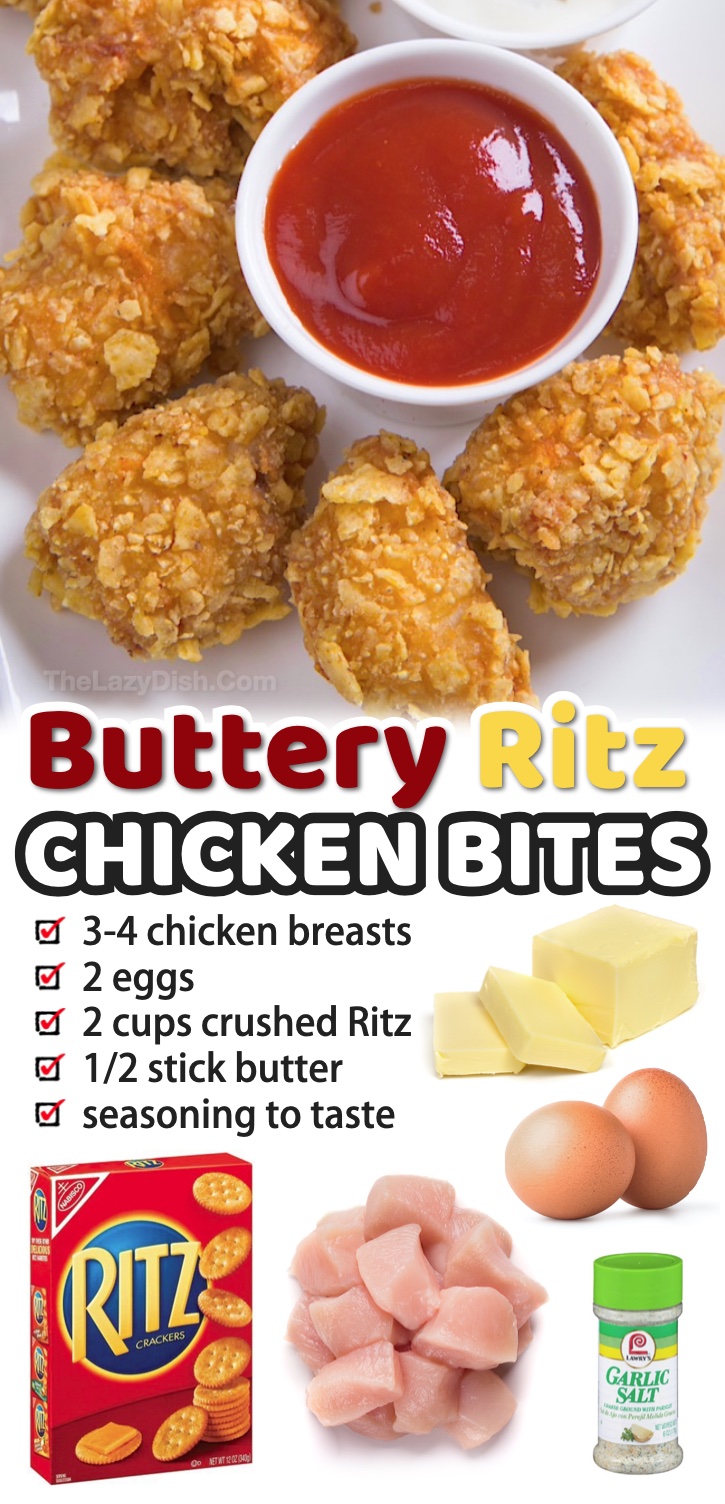 A super quick and easy chicken nugget recipe made with Ritz crackers! My kids love this chicken. It's great as a snack after school, or even served as dinner with a healthy side like salad or veggies. Even your picky eaters will get a belly full! If you're looking for fun recipes to make, try these amazing chicken bites. No frying and no oil needed! Dip in ranch, bbq, or ketchup for the best little treat, ever. Super crispy on the outside with a yummy tender middle. 