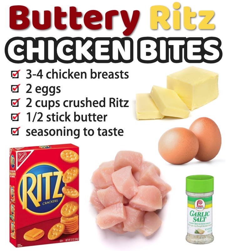 Buttery Ritz Chicken Bites | Homemade baked chicken nuggets! Super quick and easy to make with eggs, butter, and Ritz crackers. 