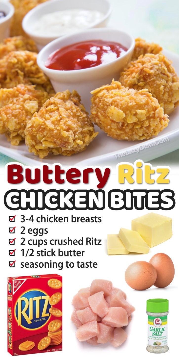 The best homemade baked chicken nuggets recipe! Super quick and easy to make with just a few ingredients including Ritz crackers, eggs, and butter. No oil and no frying! My picky kids love this recipe. These chicken nugget bites get super crispy on the outside with a yummy tender middle. So delicious served with a dipping sauce, or even for dinner with a healthy side of veggies or salad. These are also really fun to make in a single baking dish, with the cubed butter laying over top of the chicken. 