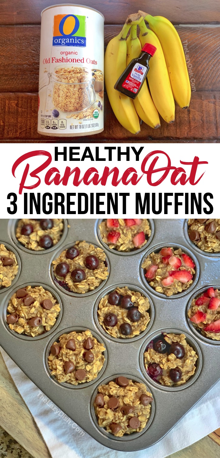 Looking for quick, easy and healthy snack ideas for kids? These simple muffins are made with just a few ingredients including bananas, oats and vanilla extract (plus the mix-ins of your choice like chocolate chips or berries). These clean eating muffins are pefect for breakfast and on the go snacks. Kids love them in their lunchbox, too! Perfect for kids of all ages including toddlers and older kids. Vegan, No flour, no eggs, and no fuss! Just healthy ingredients. #healthysnacks #cleaneating #kids