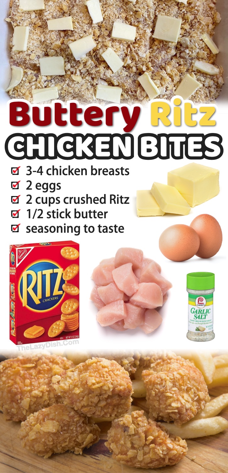 Famous Butter Ritz Chicken | A quick and easy homemade baked chicken nugget recipe! My kids absolutely love these crispy and tender chicken bites. Super simple and cheap to make with just a few ingredients including Ritz crackers, butter, eggs, and seasoning. Just throw it all in a pan and bake! This recipe is great for your picky eaters and hangry teenagers as an after school snack or comforting meal. Great for busy weeknights! A really family friendly recipe that everyone will love. 