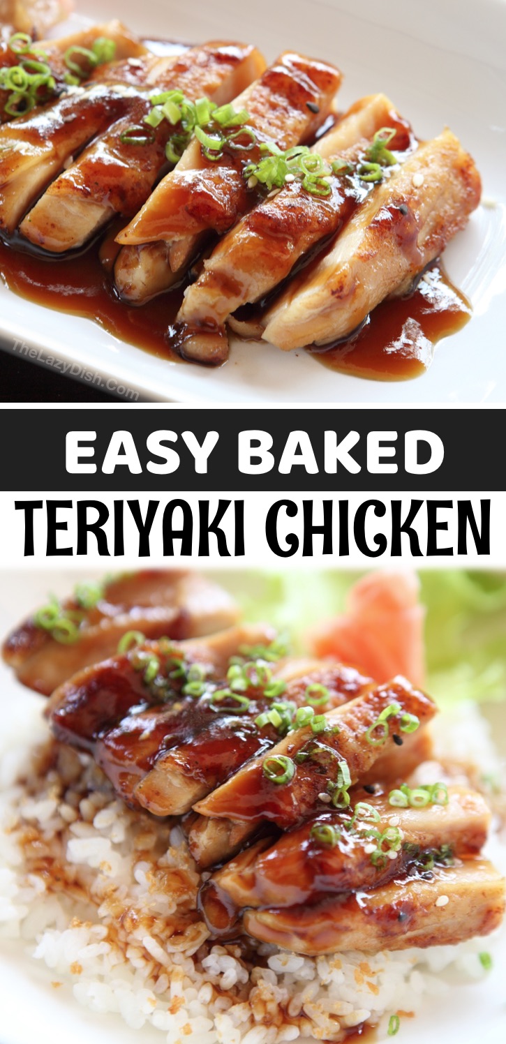 Looking for easy chicken dinner recipes? This simple oven baked teriyaki chicken recipe is perfect for busy weeknights! Simply mix all of the ingredients together in a pot and simmer until it thickens. Pour it over your chicken breasts in a baking dish, and bake until tender and juicy. Serve with rice, vegetables or salad. Even picky eaters will love this recipe! It’s sweet, salty and full of flavor. If you like traditional Japanese teriyaki chicken sauce, your family is going to love this easy recipe. 