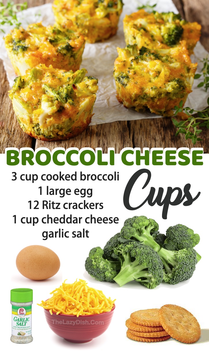 A quick, easy and healthy snack idea! Even your picky eaters will love this fun & simple recipe. It's not easy finding healthy snacks or meals that kids will actually eat without complaining, but broccoli cheese cups are super savory and delicious. Plus, they are made with just a few cheap ingredients: broccoli, shredded cheddar, egg, Ritz crackers, and garlic salt. The edges get super crispy thanks to a mini muffin pan. Dip them in ranch for the ultimate snack! Great for after school. 