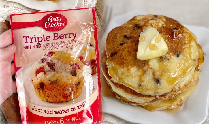 Easy breakfast idea using muffin mix to make pancakes! A quick idea for busy mornings with kids.