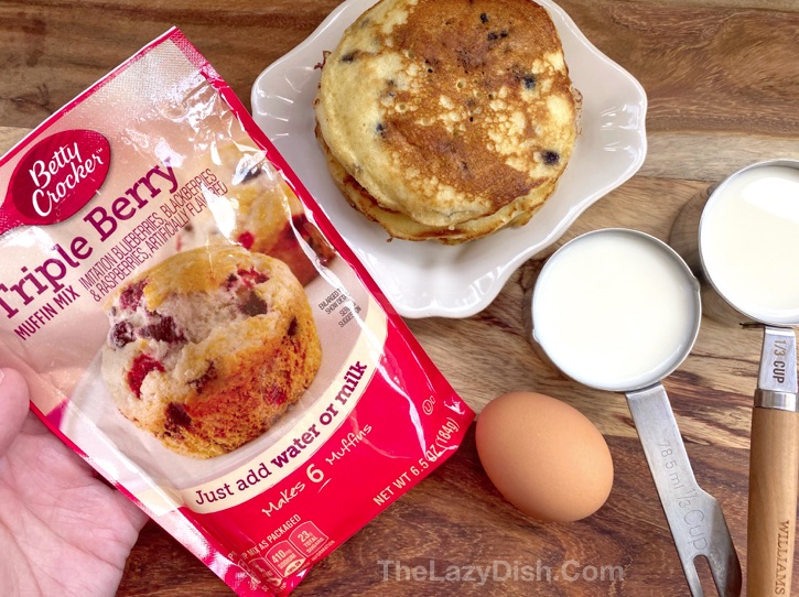 Easy Muffin Mix Pancakes Recipe made with an egg and milk! This fun breakfast idea is great for kids on busy school mornings, and the muffin mix makes them so fast to make! Choose your favorite flavors such as banana nut, triple berry, chocolate chip, lemon, etc. 