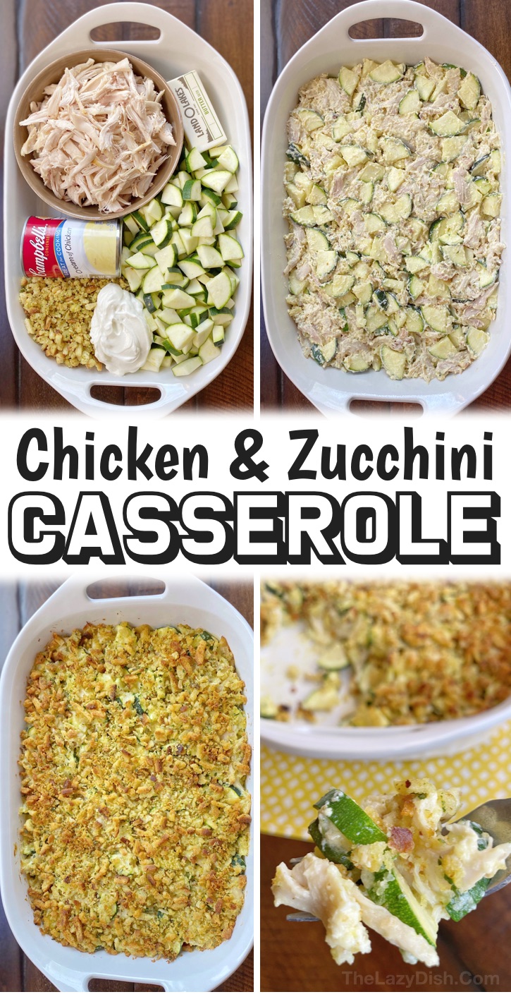 This rotisserie chicken dinner casserole recipe is so darn good! My entire family begs me to make it, including my picky kids. This simple weeknight meal is really quick and easy to throw together with just a few cheap ingredients including rotisserie chicken, zucchini, cream of chicken soup, sour cream and a box of stuffing. It's loaded full of veggies and has lots of protein. A great main dish that doesn't require any sides! Very little prep, and great for last minute dinners. 