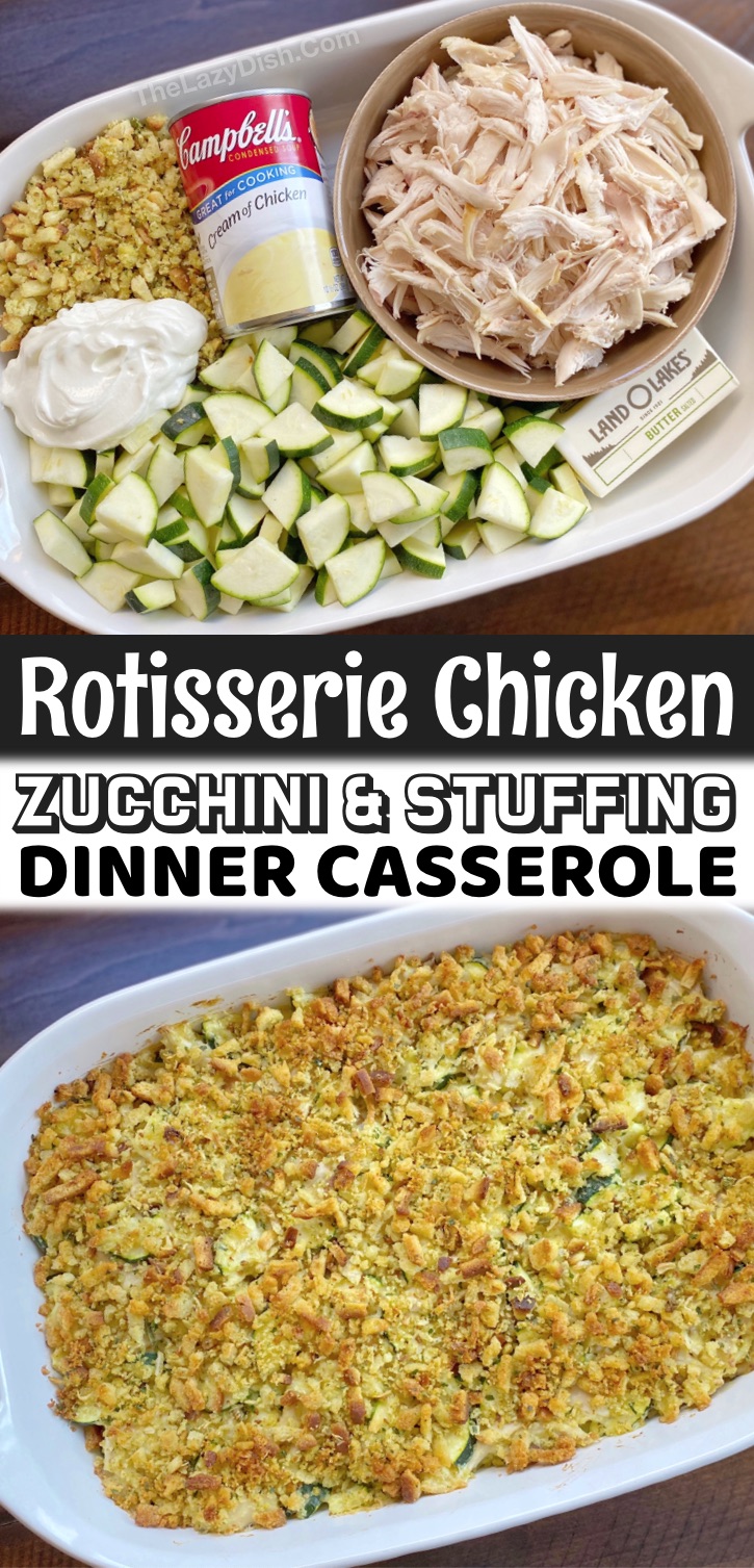 Rotisserie Chicken & Zucchini Casserole (With Stuffing) | I'm always looking for quick and easy dinner recipes for my family, and my kids just devour this simple casserole main dish. It's so simple to make with just a few ingredients, and tastes like pure comfort food once it's all baked. Yes, it's healthy and packed full of protein and fiber! This crazy easy meal is perfect for busy weeknights when your'e too tired to cook. The rotisserie makes it extra fast to make. So yummy!