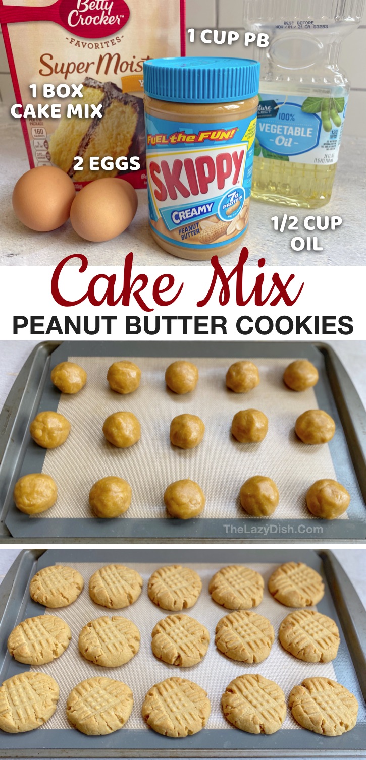 Looking for quick and easy dessert recipes? You won't believe how simple these peanut butter cake mix cookies are to make with just 4 cheap ingredients: Betty Crocker boxed yellow cake mix, peanut butter, eggs and oil. They are super soft and fluffy! So easy, your kids will enjoy baking them with you. Your entire family will love this sweet treat! I love cookies made with cake mixes, but these peanut buter cookies are THE BEST! Seriously. So yummy. #cakemix #cookies #peanutbutter #thelazydish