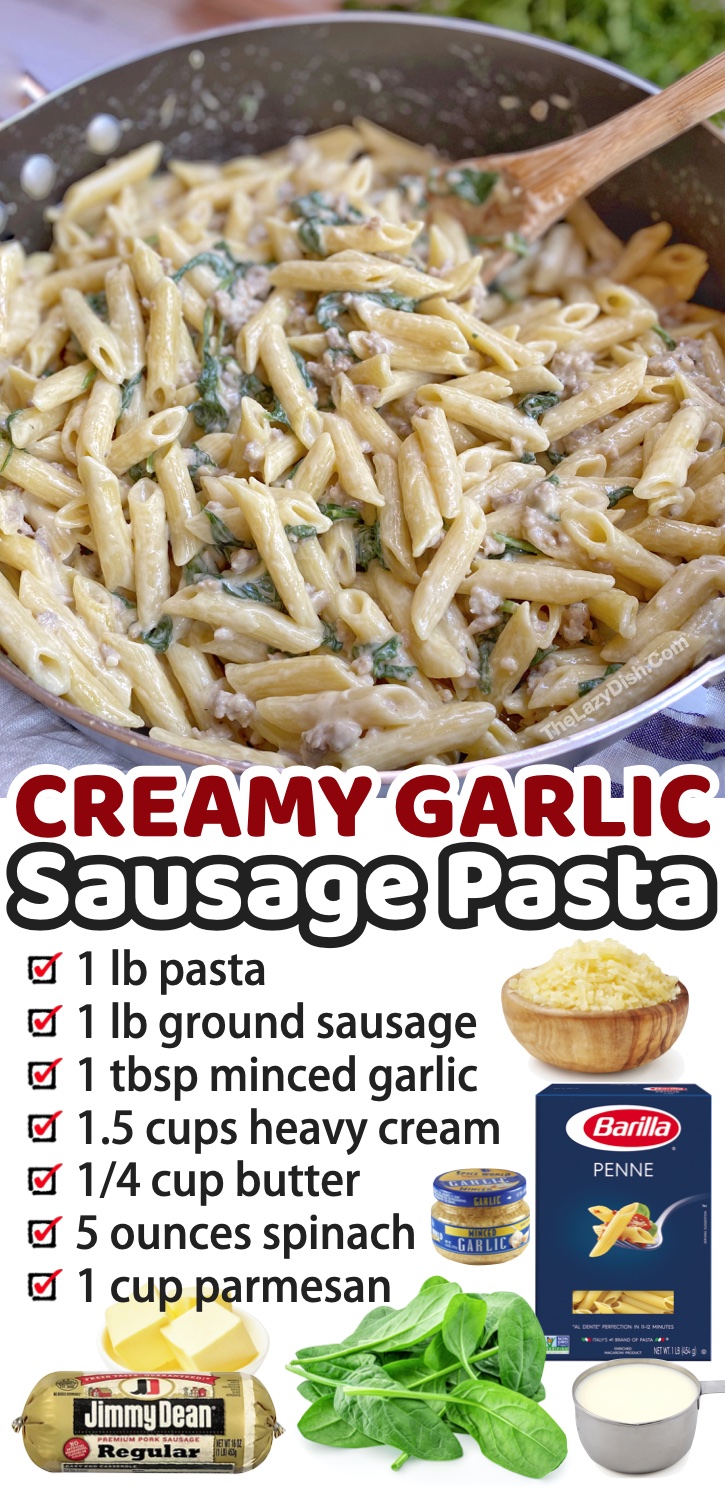 I'm always looking for quick and easy dinner recipes for my family, and this sausage pasta in a creamy white sauce is a nice change from the usual ground beef or chicken! It's super creamy and delicious, yet simple and cheap to make with just a few ingredients. It makes a large portion for a family of 6, but it's just as good leftover, so you can get two meals out of it! It's loaded with healthy spinach but you can add other veggies if you'd like such as mushrooms or tomatoes. Even my picky kids love it!