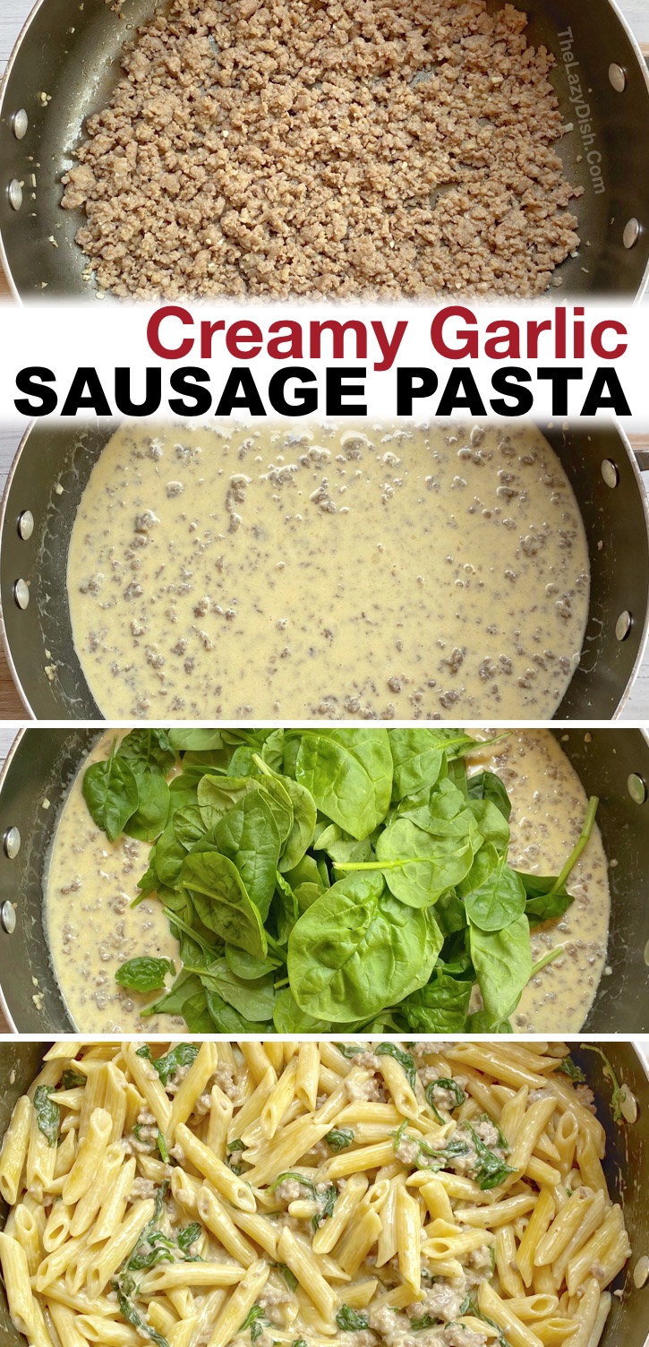 Looking for quick and easy dinner recipes for your family? This simple creamy garlic sausage and spinach pasta dish is made with very few ingredients and is always a hit, even with picky eaters! It’s perfect for busy moms and dads on a budget, especially if you’re looking for easy weeknight meal ideas for your kids. This easy pasta dinner is makes enough for a large family, but is just as good leftover if you only have a few to feed. The healthy spinach cooks in just a few minutes in the sauce, so there’s no prep involved.