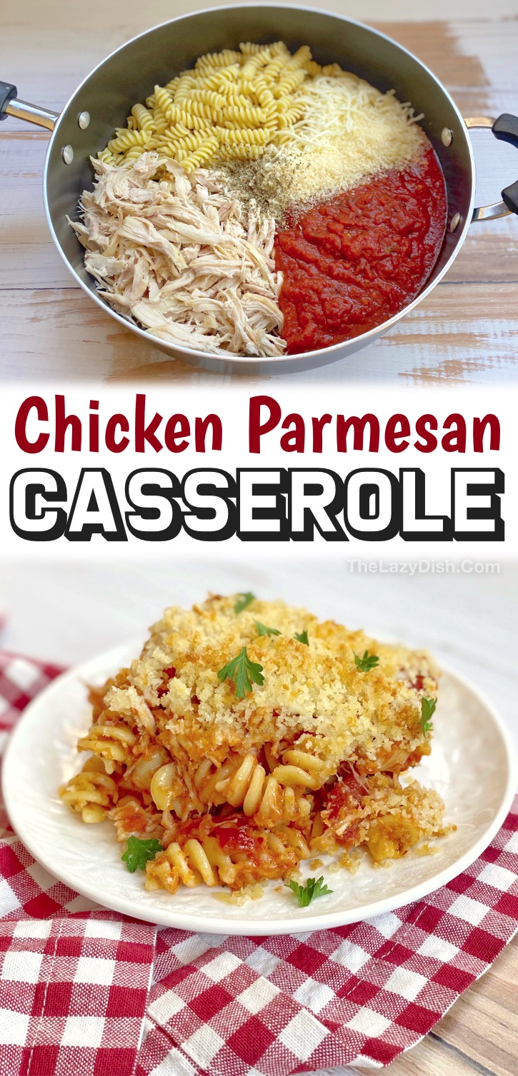 Chicken Parmesan Dinner Casserole - Calling all busy moms and dads! Finding quick and easy dinner recipes for a family with picky kids isn't a simple job. But, how can you go wrong with pasta, rotisserie chicken, marinara and cheese all mixed together and then baked into a casserole with a crispy panko crust? Yummy! This chicken casserole is perfect for last minute weeknight meals, and is just as good leftover so you can get TWO meals in ONE. My picky eaters just gobble it up. It's great for kids of any age from toddlers to teens!