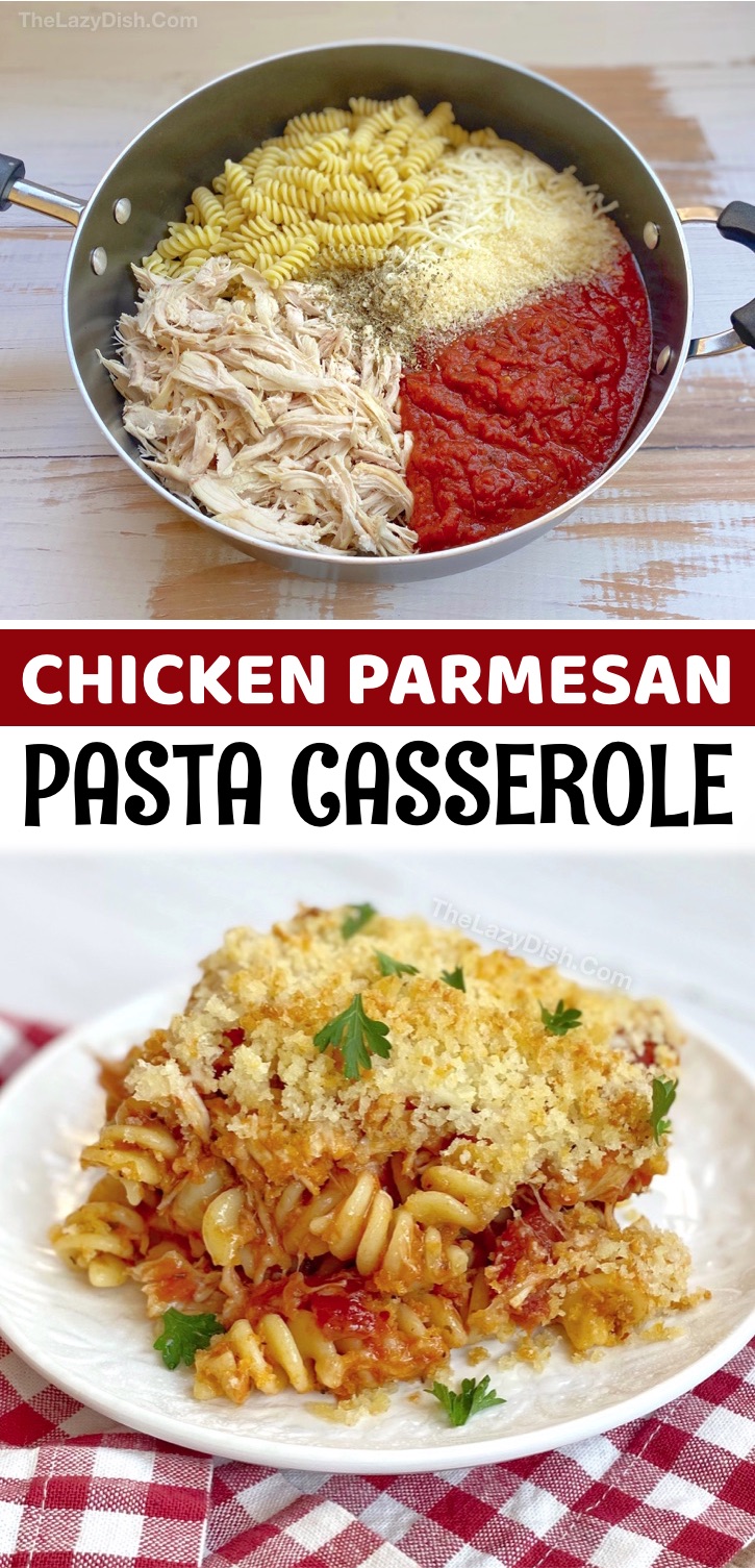 Looking for easy chicken and pasta dinner recipes for the family? This baked chicken parmesan pasta casserole is super quick and cheap to make with just a few ingredients: rotisserie chicken, pasta, marinara, cheese, butter and Panko bread crumbs. Delish! It's the perfect meal for kids, especially your picky eaters. It feeds a large family of 6, but is just as good leftover for lunch or dinner the next day. Serve with a salad or veggies to make it a complete meal. Great for busy weeknights!